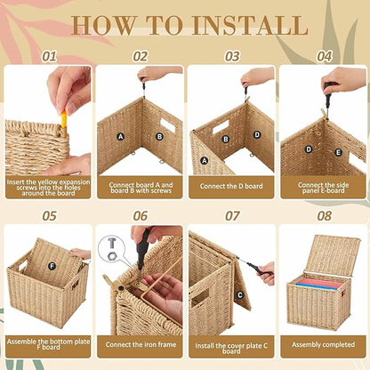 1 Pack Paper Rope File Box Organizers Collapsible Letter Size Filing Cabinet with Lid Woven Hanging File Basket Portable Decorative Document Storage Box for Office/Decor/Home (Letter Size)