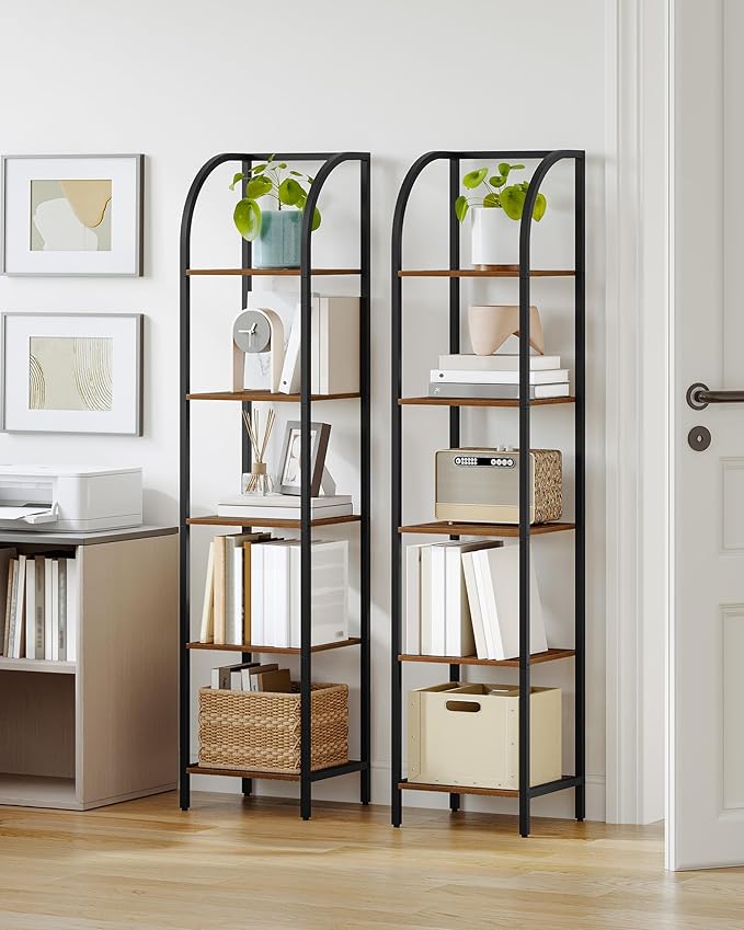 Bookshelf Bookcase Narrow Bookcase Shelf Organizer with Steel Frame for Study Living Room Bedroom Kitchen Home Office Industrial Bookshelf 5-Tier Rustic Brown BC55001B