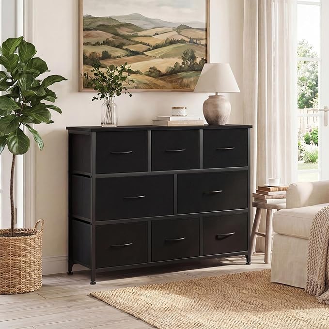 DUMOS TV Stand, Dresser with 8 Fabric Drawers, Spacious Storage Tower for Closet, TV Stand with Wood Top and Mental Frame, Storage Unit for Living Rooms, Bedroom and Entryway, Black