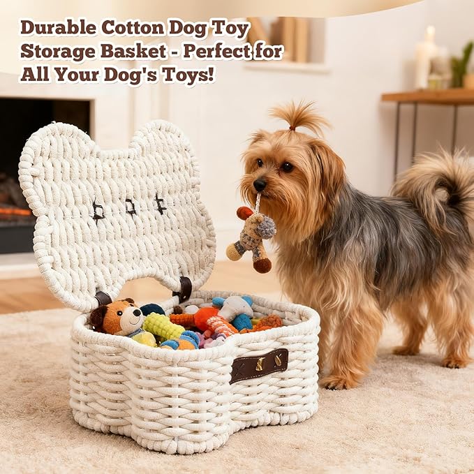 Cotton Rope Basket for Pet Toys, Bone Shaped Pet Toys Organizer, Handmade Dog Toy Bin, Woven Baskets for Storage,14.96 x 11.22 x 6.5 inch