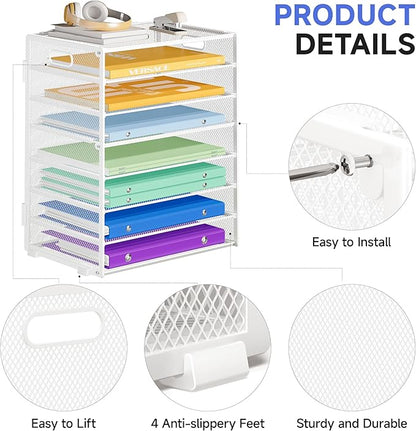 8 Tier Paper Organizer with Handle, Metal Mesh Desk File Organizer, Large Capacity Desk Organizers Paper Letter Tray Desktop Document Sorter for Office, Home or School - White