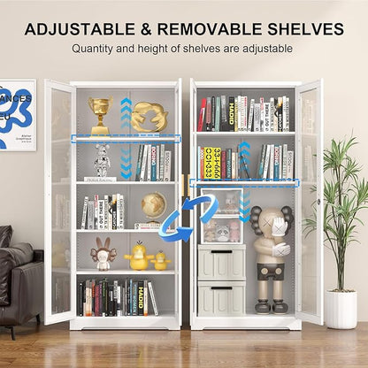 Display Cabinet with Glass Doors, 71'' Tall Curio Cabinets with Lock, Metal Glass Display Case for Collectibles, Living Room, School, Commercial, White, Assemble Required