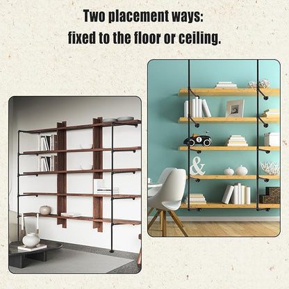2pcs Wall Mount Iron Pipe Shelf, 5-Tier 66.1x11.8 Inch Industrial Wall Shelves Ceiling Hung Storage Shelf Black Pipe Shelving Brackets No Plank DIY Open Bookshelf for Office Room Kitchen