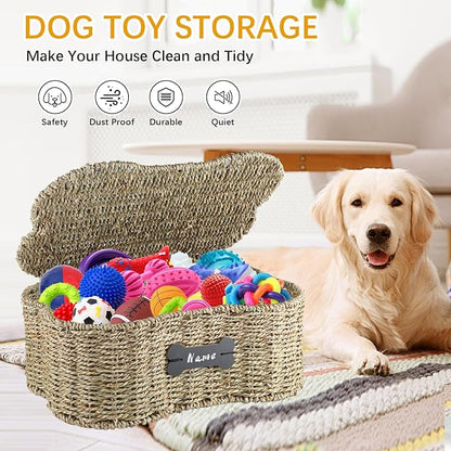 Morezi Personalized Dog Toy Basket bin Box with lid Bone Shape Designed Great for organizing pet Dogs Cats chew Toys leashes Clothing in Living Room Area playroom Closet Shelf Gift Basket