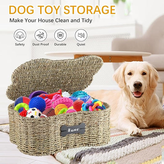 Morezi Personalized Dog Toy Basket bin Box with lid Bone Shape Designed Great for organizing pet Dogs Cats chew Toys leashes Clothing in Living Room Area playroom Closet Shelf Gift Basket