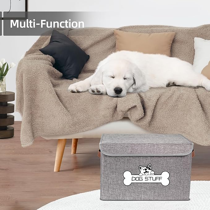 Fabric Dog Toy Box with Lid, Collapsible Storage Bin, Basket Organizer with Handle for Dog Toys, Blankets and Accessories, Grey