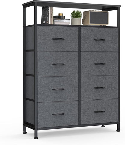 DUMOS Fabric Dresser for Bedroom with 8 Drawers, Tall 8-Drawer Chest of Drawers with Raised Shelf, Storage Tower with Fabric Bins for Closet Organization, Hallway Storage, Grey