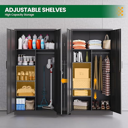 Broom Closet with Lock, Metal Storage Cabinet 36" Wide, 5-Tier Steel Utility Cabinet with Hanging Rod & Doors for Garage, Laundry Room, Warehouse Storage