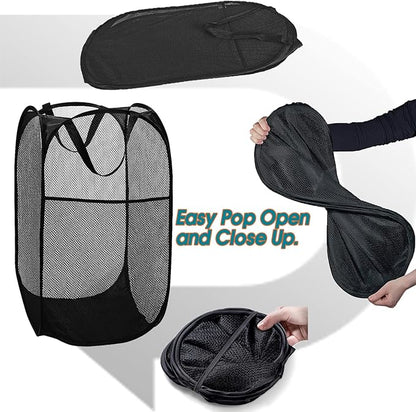 BATTOO Strong Mesh Pop Up Hampers for Laundry, Collapsible Laundry Baskets with Side Pocket Carry Handles for Laundry Room, Bathroom, Kids Room, College Dorm or Travel Black