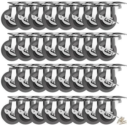 2" Caster Wheels, Casters Set of 32, Heavy Duty Casters with Brake, Locking Castor with Rubber Wheel，Plate Swivel Caster Wheels for Furniture Cart and Workbench,Pack of 32