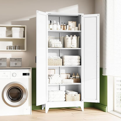 Letaya 75" H Metal Storage Cabinet with 2 Doors and 4 Shelves,Tall Kitchen Pantry Cabinets,Farmhouse Utility Pantry Organizers for Cupboard/Dining/Bathroom/Home Office/Garage,White