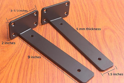 12 Pack - 9 inch Black Hidden L Shelf Bracket (1/5 Inch Thicked) Iron Floating Shelf Brackets Rustic Industrial Metal Brackets for Shelf Support