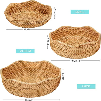 Natural Rattan Round Fruit Basket Bowls, Hand Woven Decor Serving Baskets, Wicker Storage for Dinning Room (Wave-Small)＜7.9''(D) X2.6''(H)＞