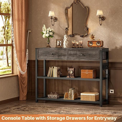 Ecoprsio Entryway Table with Outlets and USB Ports, Small Console Table with 2 Drawers, Sofa Table with Storage Shelves for Living Room, Couch, Hallway, Foyer, 32'', Grey Oak