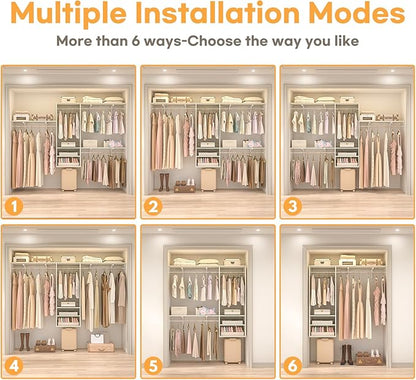 Cyclysio 96 Inch Closet System, 8 FT Hanging Closet Organizer System, Walk in Closet System with 4 Adjustable Rods and 3 Shelving Towers for 4-8FT Spaces(Cut-to-Fit), Oak