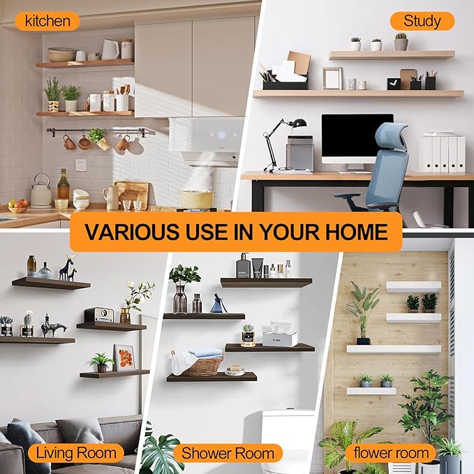 6 Pcs 8" Black Steel Floating Shelf Bracket Blind Shelf Supports - Hidden Brackets for Floating Wood Shelves - Concealed Blind Shelf Support – Screws and Wall Plugs Included