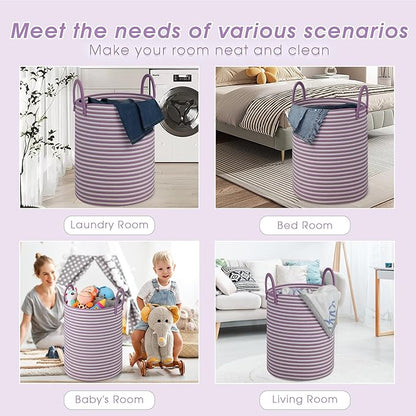 Large Laundry Basket,Laundry Hamper,15''x18'' Cotton Rope Storage Basket with Handles,baby hamper, Nursery Blanket Storage Living Room,toy basket,kids laundry,home decor (white+purple)