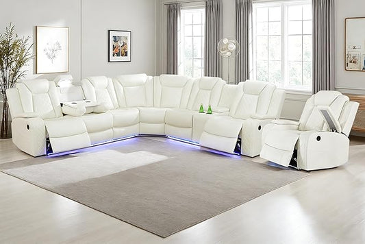 Power Recliner Sectional Sofa with LED for Living Room, Power Sectional Sofa with Chair Vanilla White, Reclining Corner Couch Set with Read Lights, USB Charging, Cup Holders for Home/Office