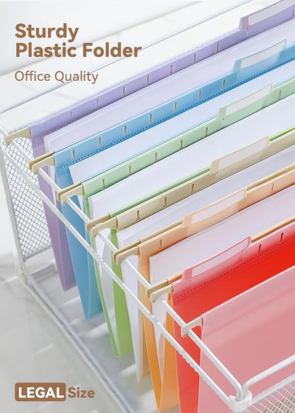 Plastic Legal Size Hanging File Folders, 12 Pack Pastel Hanging Folders, with Insertable 1/5-Cut Tabs for Filing Cabinets