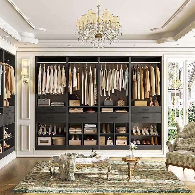 Unikito Closet System, 8.3FT Closet Organizer with 6 Wooden Drawers, Hanging Rods, Adjustable Shoe Rack and Cube Storage, Easy Assembly Wardrobe Tower, Set of 4, Black
