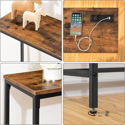 HOOBRO 47.2" Console Table with Power Outlets and USB Ports, Sofa Narrow Entryway Table with Charging Station, Behind Couch Table, Hallway, Foyer, Living Room, Bedroom, Rustic Brown BF301XG01G1