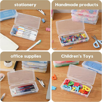 10 Pack Clear Plastic Pencil Case Pouch Box - Stackable Storage Organizer with Snap Lid for Pens, Markers, Beads, Jewelry, Stickers, Art Supplies, School Office Hobby Use, Rectangular Flat