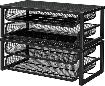 2 Pack Desk Organizer and Accessories, 2-Tier Metal Computer Monitor Stand Riser with Drawer, Desk Accessories & Workspace Organizers for Home Office Supplies, Black