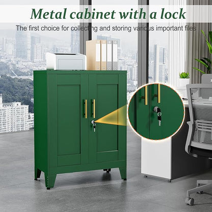 Green Metal Storage Cabinet, 36" Tall Locking Storage Cabinet with 2 Adjustable Shelves, Steel Locker Organizer, for Office, Home, School