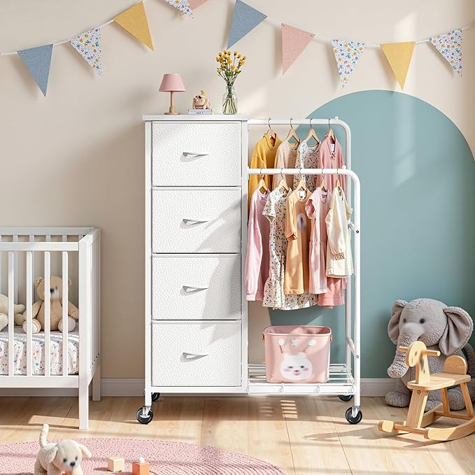 47.3" H Dresser with Hanging Rack, 4 Fabric Drawers with Double Clothes Rack & Wheels, Tall Closet Organizer Dresser for Bedroom, Entryway, White, 15.8" D x 29.9" W x 47.3" H