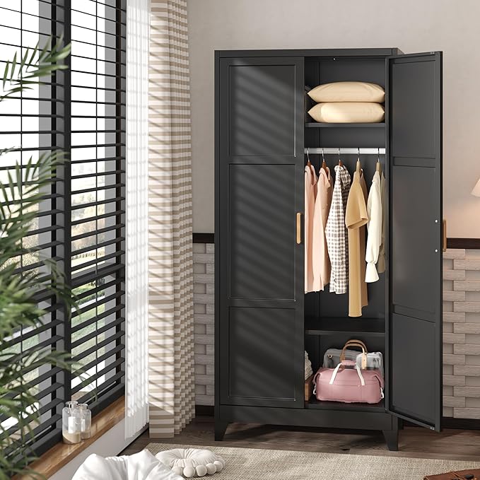 INTERGREAT Metal Armoire Wardrobe Closet, Storage Cabinet with Hanging Rod, 71" H Wardrobe Closet with Doors, Metal Storage Cabinets for Bedroom/Office/Garage (Black)