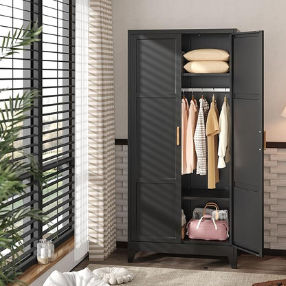 INTERGREAT Metal Armoire Wardrobe Closet, Storage Cabinet with Hanging Rod, 71" H Wardrobe Closet with Doors, Metal Storage Cabinets for Bedroom/Office/Garage (Black)