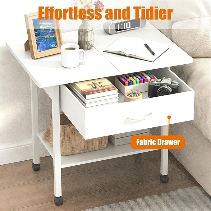 Large 22" x 15" Under Desk Printer Stand, 2-Tier Shelf Printer Table with Stronge Fabric Drawer and Wheels,Rolling Cart for Home Office Fits 3D Printer Scanner (White)