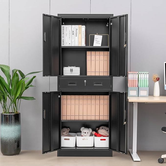 CMY Metal Storage Cabinet, 71" H x 28" W x 16" D Locking Storage Cabinet with Adjustable Shelves and One Drawer, Steel Cabinets for Office, Garage, Home, School, Utility Room(Black)