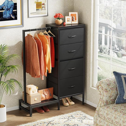 Dresser with Hanging Rack, 4 Drawers Small Closet for Bedroom, Reversible Fabric Kids Chest of Drawers with Clothes Rack, Tall Storage Tower, Sturdy Frame, Black, 44''H