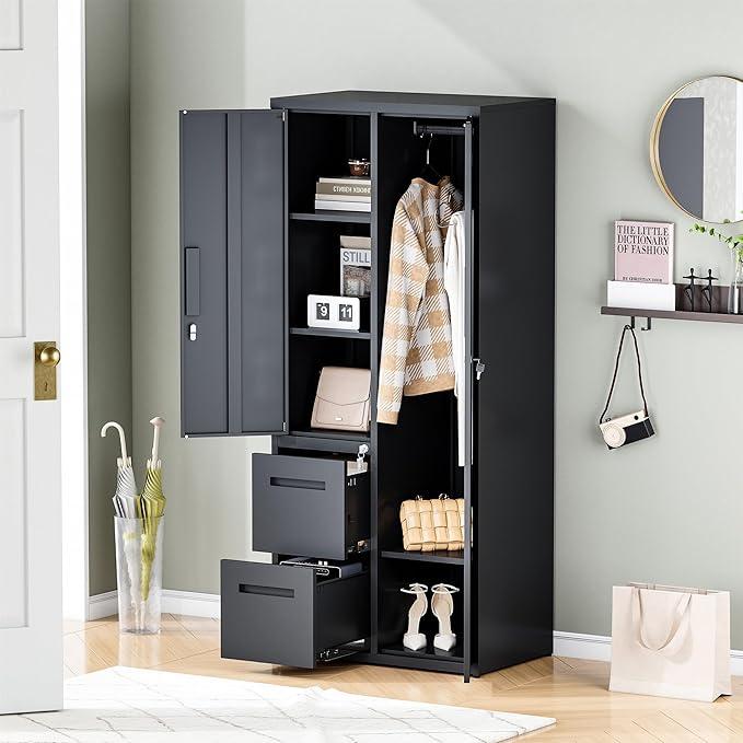 Metal Storage Cabinets Locker, 67" Locker with Clothes Rod, Lockable Freestanding Wardrobe for Office, Home, School, Laundry Room, Gym (Black)