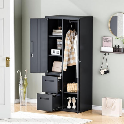 Metal Storage Cabinets Locker, 67" Locker with Clothes Rod, Lockable Freestanding Wardrobe for Office, Home, School, Laundry Room, Gym (Black)