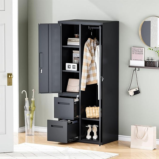 Metal Storage Cabinets Locker, 67" Locker with Clothes Rod, Lockable Freestanding Wardrobe for Office, Home, School, Laundry Room, Gym (Black)