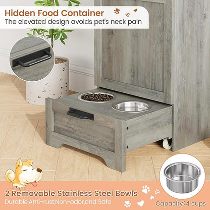 Garvee Dog Feeding Station with 2 Elevated Bowls, Dog Food Storage Cabinet, Flip Top Pet Feeding Station, Food Storage Container, Pet Toy Organizer, Grey