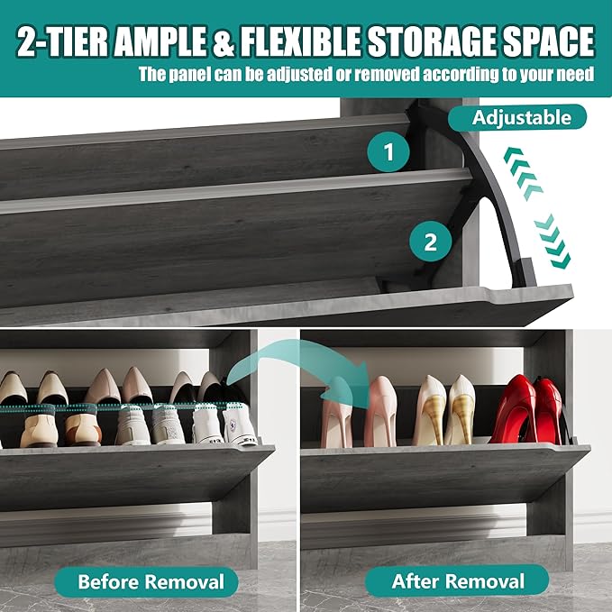 Shoe Storage Cabinet for Entryway with 3 Flip Drawers, Sturdy Wood Hidden Shoe Storage, Freestanding Narrow Slim Shoe Organizer for Front Door Entrance, Living Room, Hallway, Bedroom, Grey