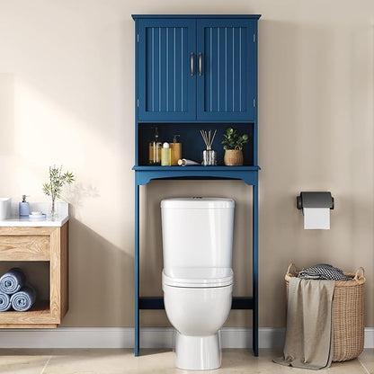 Yaheetech Over The Toilet Storage with 2 Doors & Adjustable Shelf, Free Standing Toilet Rack Wooden Space-Saving Collect Cabinet, Bathroom Furniture, L24.5xW9xH66 in, Navy Blue