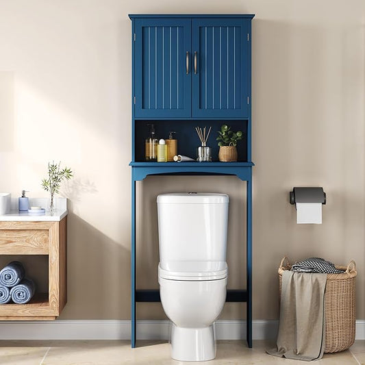 Yaheetech Over The Toilet Storage with 2 Doors & Adjustable Shelf, Free Standing Toilet Rack Wooden Space-Saving Collect Cabinet, Bathroom Furniture, L24.5xW9xH66 in, Navy Blue
