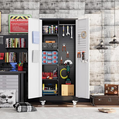 Broom Closet Storage Cabinet with Wheels, 5 Pegboard and 13 Hooks, Metal Garage Storage Cabinet with Doors and 4 Adjustable Shelves for Garage Bathroom, Assembly Required, Black and White