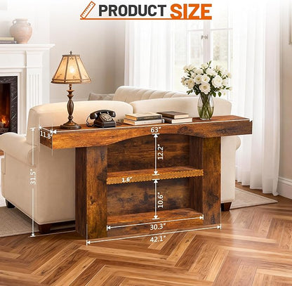 63 Inch Entryway Table Three-Shelf Cabinet, Wooden Console Table with Socket Farmhouse Sofa Table for Entrance, Hallway, Living Room,Behind Couch(Rustic Brown)