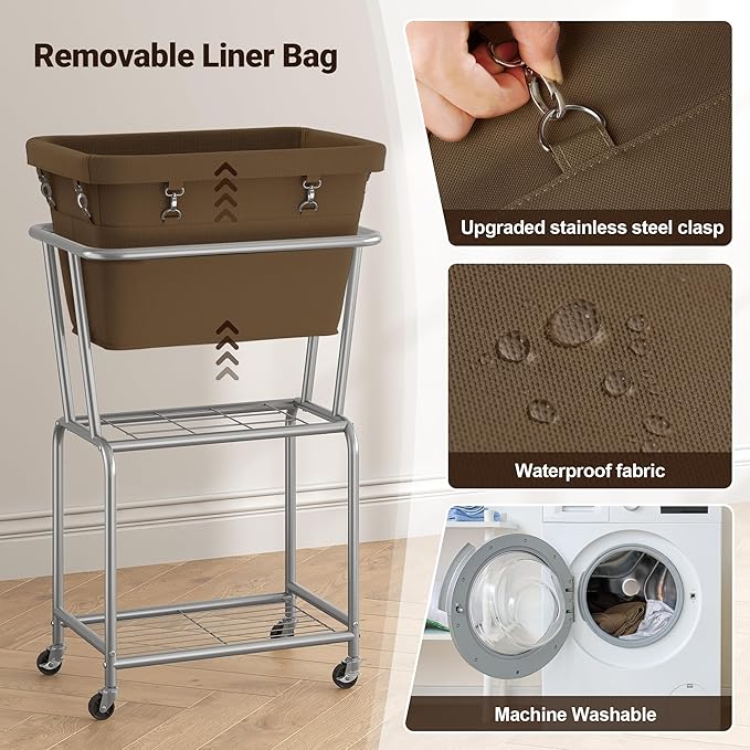 ELYKEN Rolling Laundry Hamper with Wheels, Laundry Cart with Removable Bag, Heavy Duty Metal Frame, 2-Tier Clothes Basket Hamper with Shelf for Closet, Bedroom, Bathroom, Laundry Room, Camel Brown