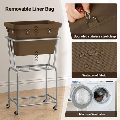 ELYKEN Rolling Laundry Hamper with Wheels, Laundry Cart with Removable Bag, Heavy Duty Metal Frame, 2-Tier Clothes Basket Hamper with Shelf for Closet, Bedroom, Bathroom, Laundry Room, Camel Brown