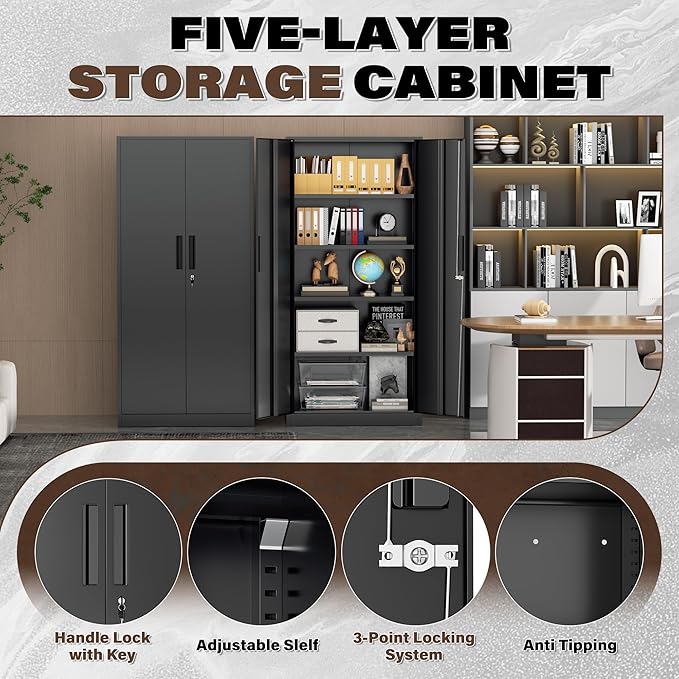 72” Metal Storage Cabinet, Lockable File Cabinets with 2 Doors and 4 Adjustable Shelves, Steel Tool Cabinets with Lock for Office, Home, Gym, Black-Small