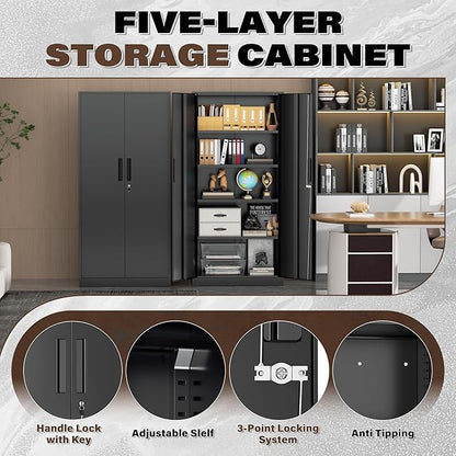 72” Metal Storage Cabinet, Lockable File Cabinets with 2 Doors and 4 Adjustable Shelves, Steel Tool Cabinets with Lock for Office, Home, Gym, Black-Small