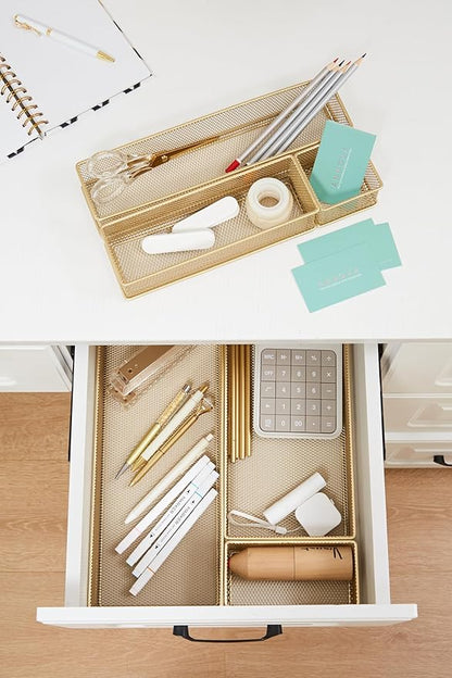 Annova Mesh Stackable Drawer Cabinet and Shelf Organizer Bins Storage Basket School Office Supply Holder Tray- Set of 2 (Gold, 3x9x2 Inch)
