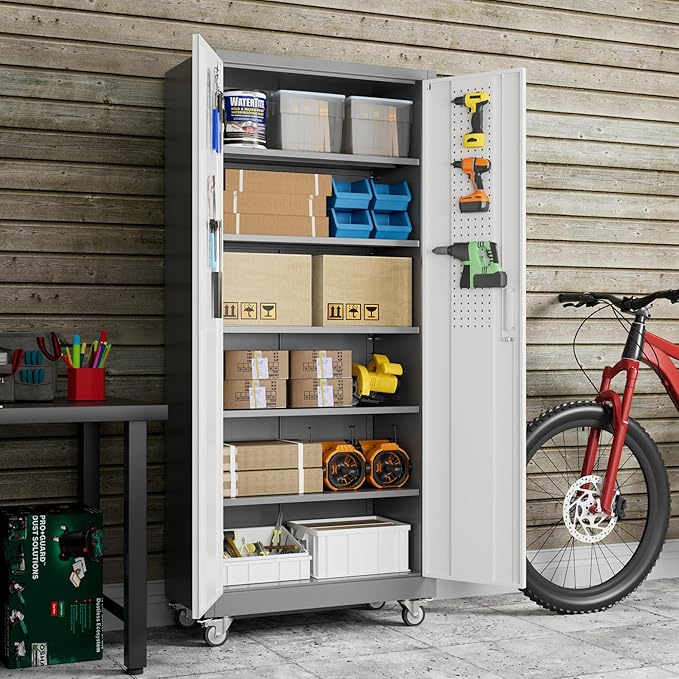 Aobabo 71" H x 32" W x 16" D Garage Storage Cabinet with Wheels, Metal Storage Cabinet with 5 Adjustable Shelves and 4 Hooks for Home Office, Assembly Required, Grey White