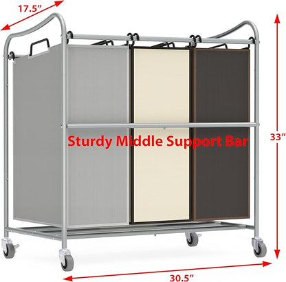 Simple Houseware Heavy Duty 3-Bag Laundry Sorter Rolling Cart, Silver/Assorted – Durable Triple Laundry Hamper with Removable Bags and Lockable Wheels for Laundry Room Organization